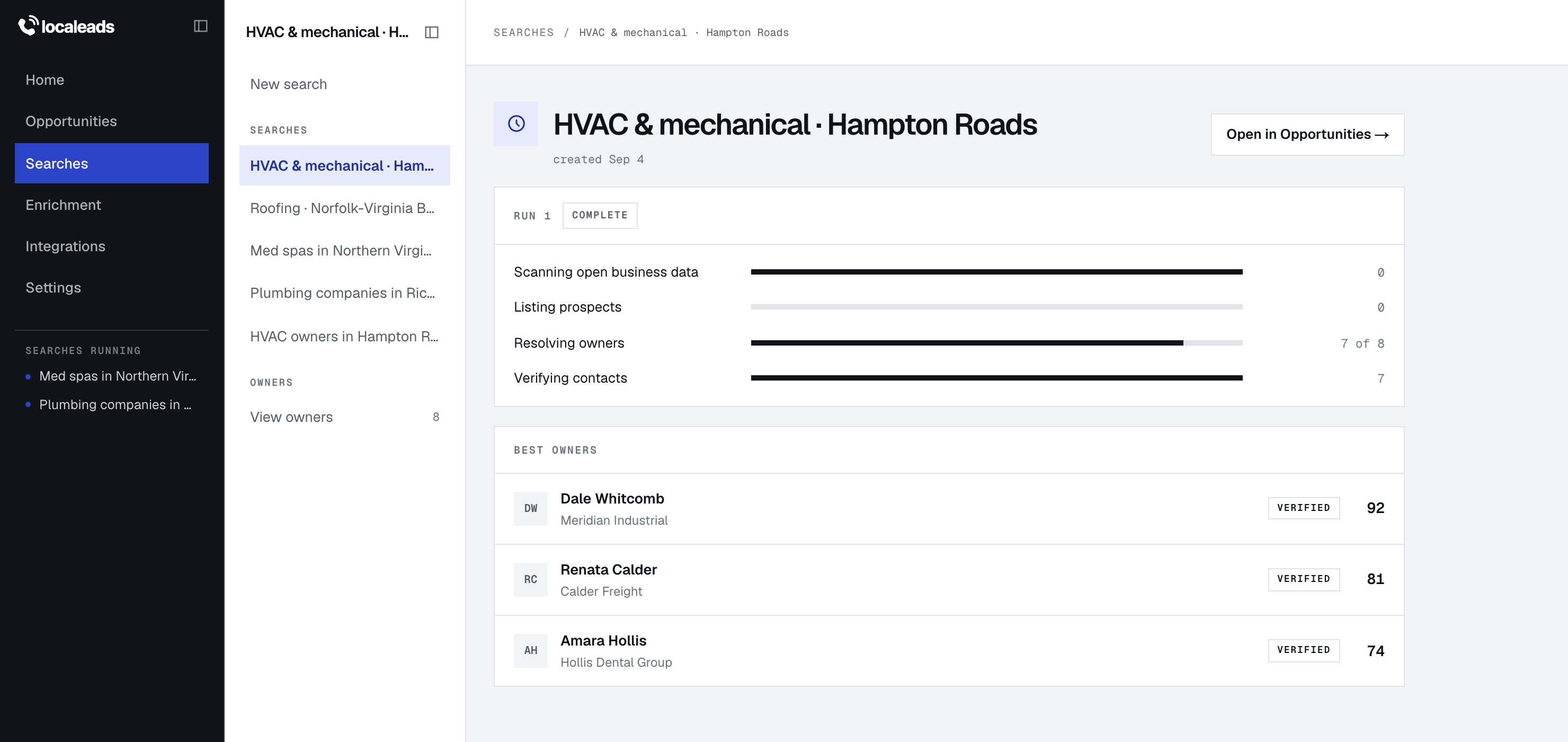 A localeads search run finding businesses in a market