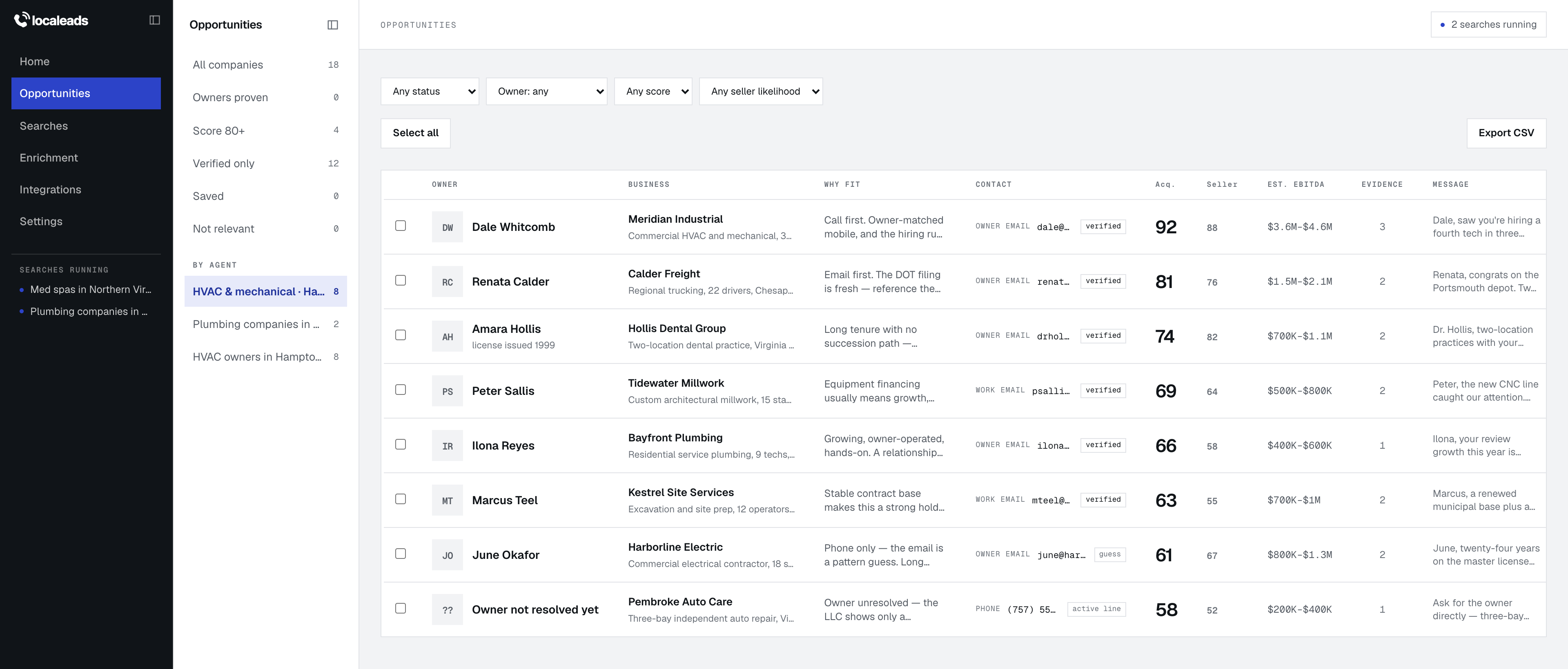 The localeads results table: businesses, signals, checked contacts, and owners where known